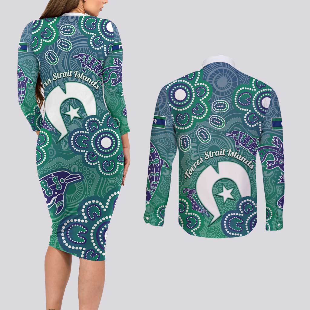 Sea Turtle Torres Strait Islands Couples Matching Long Sleeve Bodycon Dress and Long Sleeve Button Shirt Pacific Indigenous Australian Oceanic Dot Art