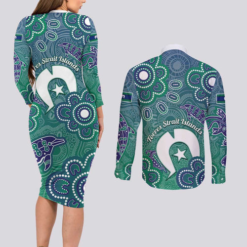 Sea Turtle Torres Strait Islands Couples Matching Long Sleeve Bodycon Dress and Long Sleeve Button Shirt Pacific Indigenous Australian Oceanic Dot Art