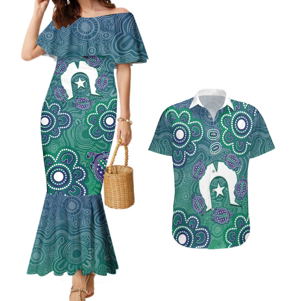 Sea Turtle Torres Strait Islands Couples Matching Mermaid Dress and Hawaiian Shirt Pacific Indigenous Australian Oceanic Dot Art