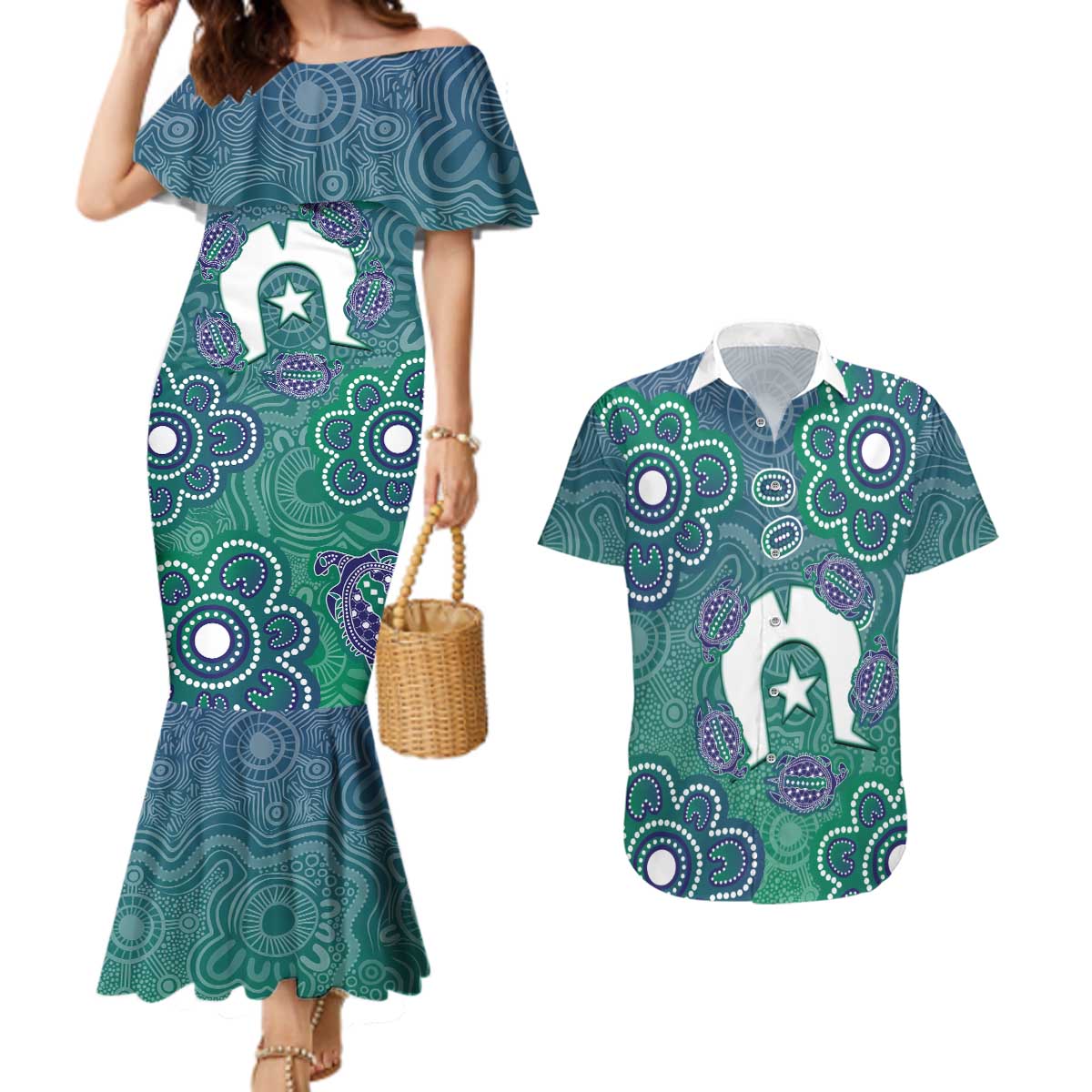Sea Turtle Torres Strait Islands Couples Matching Mermaid Dress and Hawaiian Shirt Pacific Indigenous Australian Oceanic Dot Art