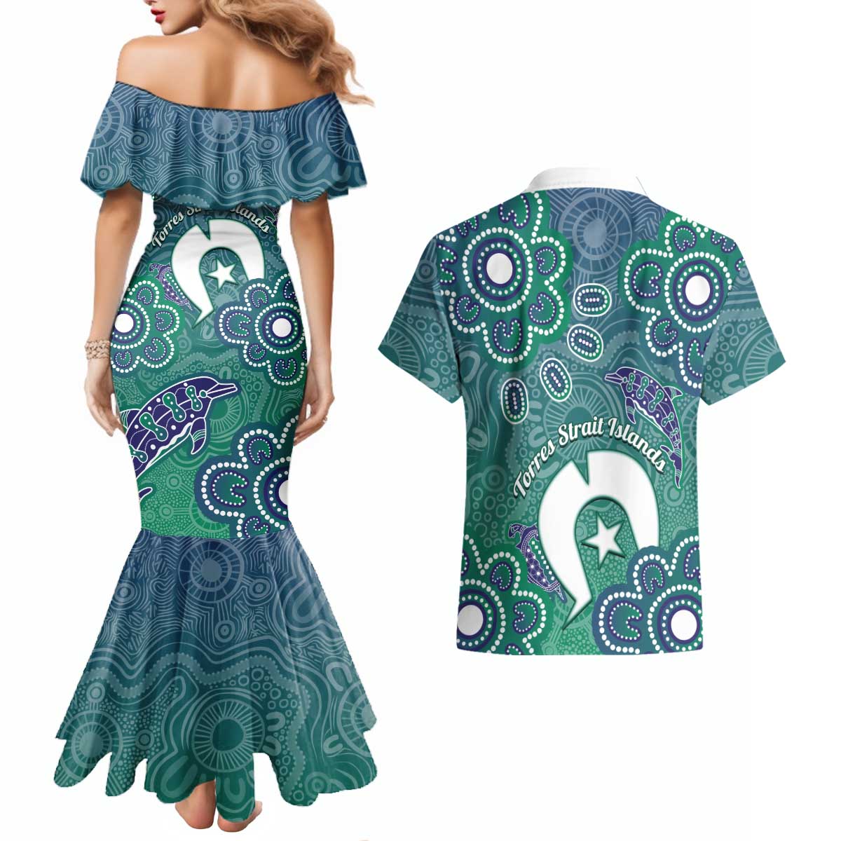 Sea Turtle Torres Strait Islands Couples Matching Mermaid Dress and Hawaiian Shirt Pacific Indigenous Australian Oceanic Dot Art