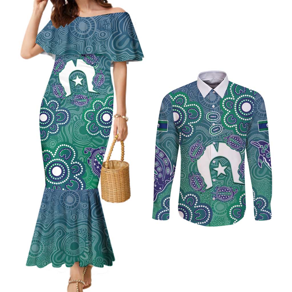 Sea Turtle Torres Strait Islands Couples Matching Mermaid Dress and Long Sleeve Button Shirt Pacific Indigenous Australian Oceanic Dot Art