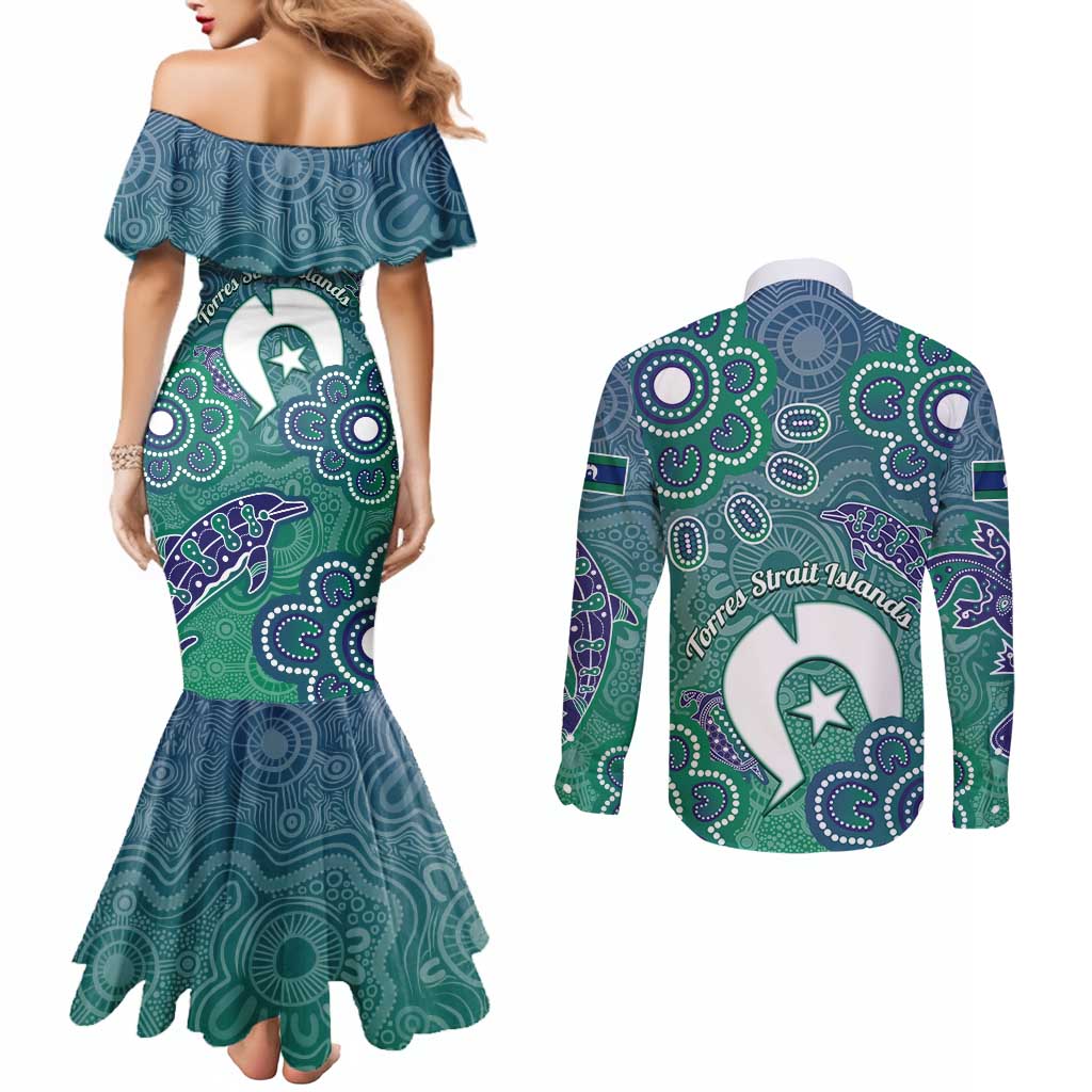 Sea Turtle Torres Strait Islands Couples Matching Mermaid Dress and Long Sleeve Button Shirt Pacific Indigenous Australian Oceanic Dot Art