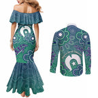 Sea Turtle Torres Strait Islands Couples Matching Mermaid Dress and Long Sleeve Button Shirt Pacific Indigenous Australian Oceanic Dot Art