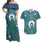 Sea Turtle Torres Strait Islands Couples Matching Off Shoulder Maxi Dress and Hawaiian Shirt Pacific Indigenous Australian Oceanic Dot Art
