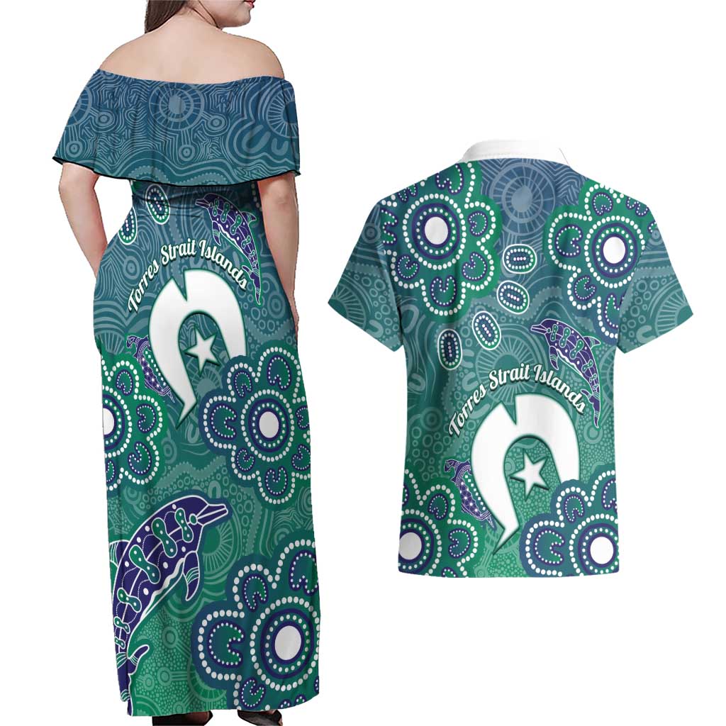 Sea Turtle Torres Strait Islands Couples Matching Off Shoulder Maxi Dress and Hawaiian Shirt Pacific Indigenous Australian Oceanic Dot Art