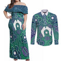 Sea Turtle Torres Strait Islands Couples Matching Off Shoulder Maxi Dress and Long Sleeve Button Shirt Pacific Indigenous Australian Oceanic Dot Art
