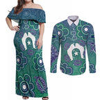 Sea Turtle Torres Strait Islands Couples Matching Off Shoulder Maxi Dress and Long Sleeve Button Shirt Pacific Indigenous Australian Oceanic Dot Art
