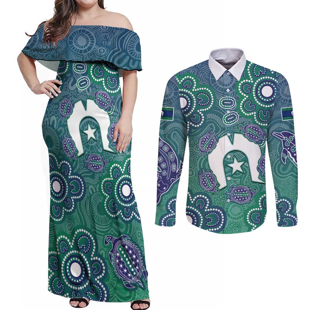 Sea Turtle Torres Strait Islands Couples Matching Off Shoulder Maxi Dress and Long Sleeve Button Shirt Pacific Indigenous Australian Oceanic Dot Art