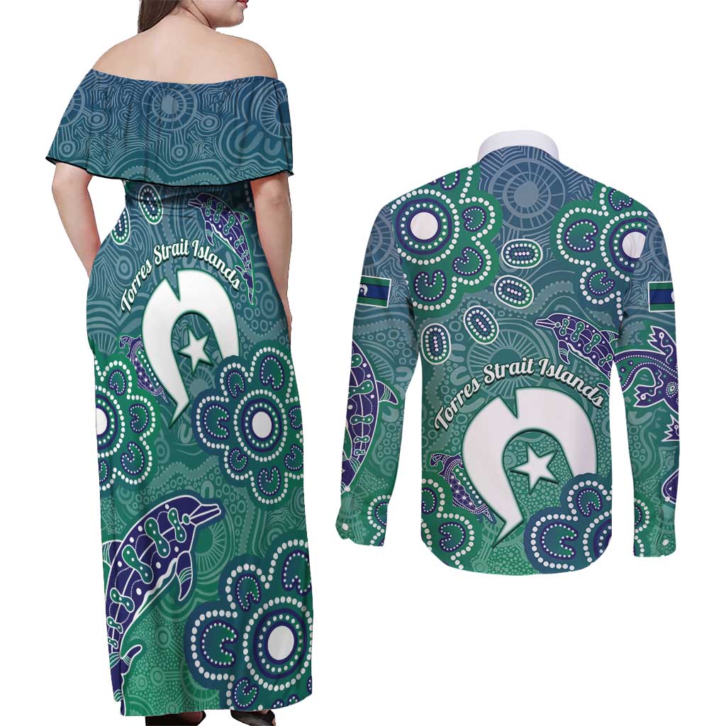 Sea Turtle Torres Strait Islands Couples Matching Off Shoulder Maxi Dress and Long Sleeve Button Shirt Pacific Indigenous Australian Oceanic Dot Art