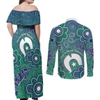 Sea Turtle Torres Strait Islands Couples Matching Off Shoulder Maxi Dress and Long Sleeve Button Shirt Pacific Indigenous Australian Oceanic Dot Art