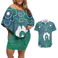 Sea Turtle Torres Strait Islands Couples Matching Off Shoulder Short Dress and Hawaiian Shirt Pacific Indigenous Australian Oceanic Dot Art