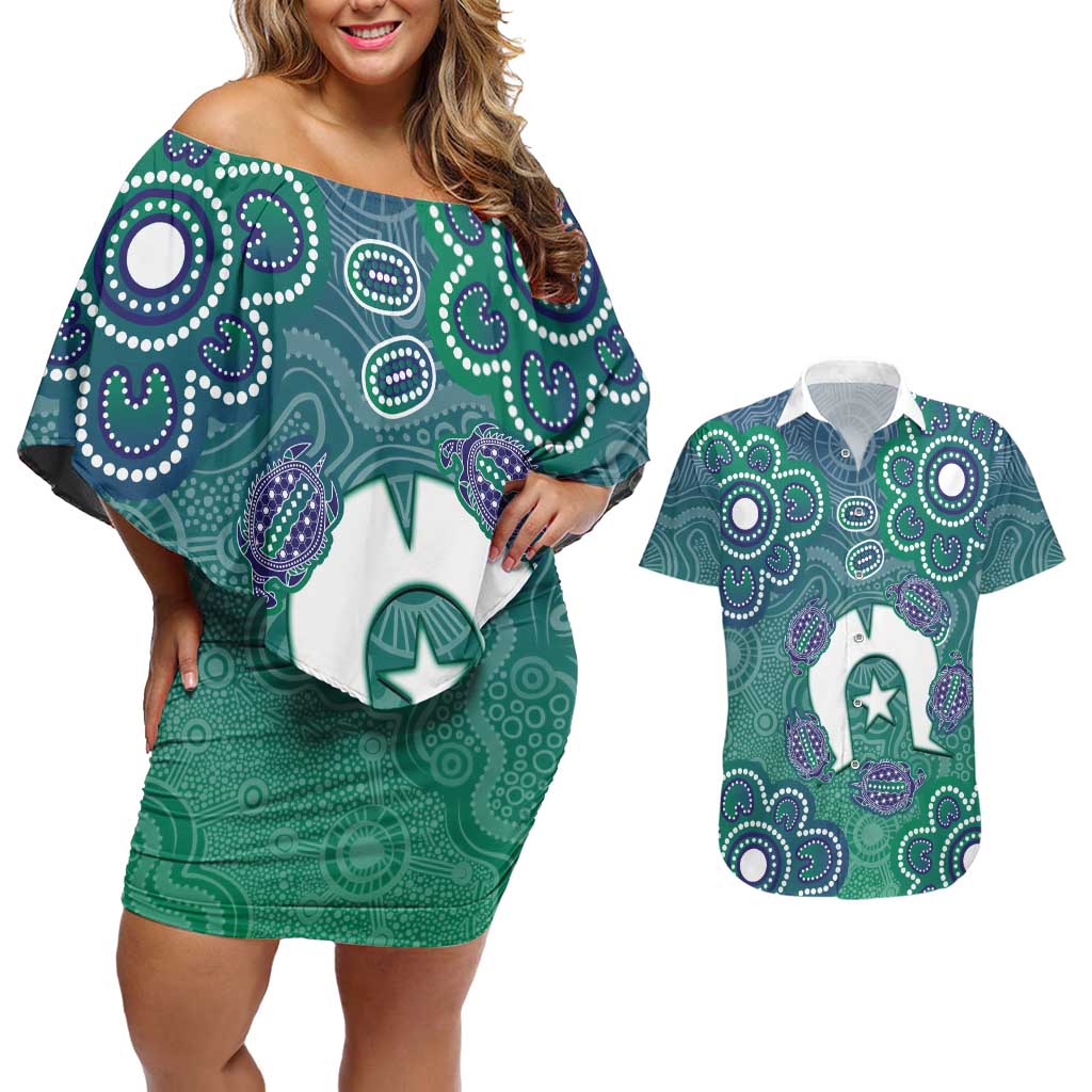 Sea Turtle Torres Strait Islands Couples Matching Off Shoulder Short Dress and Hawaiian Shirt Pacific Indigenous Australian Oceanic Dot Art