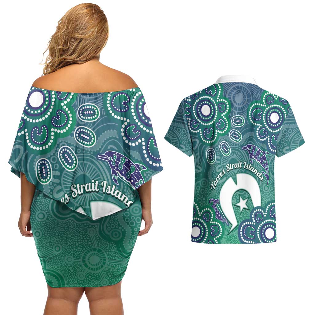 Sea Turtle Torres Strait Islands Couples Matching Off Shoulder Short Dress and Hawaiian Shirt Pacific Indigenous Australian Oceanic Dot Art