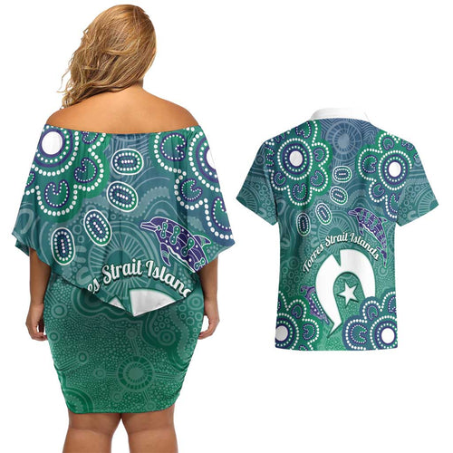 Sea Turtle Torres Strait Islands Couples Matching Off Shoulder Short Dress and Hawaiian Shirt Pacific Indigenous Australian Oceanic Dot Art