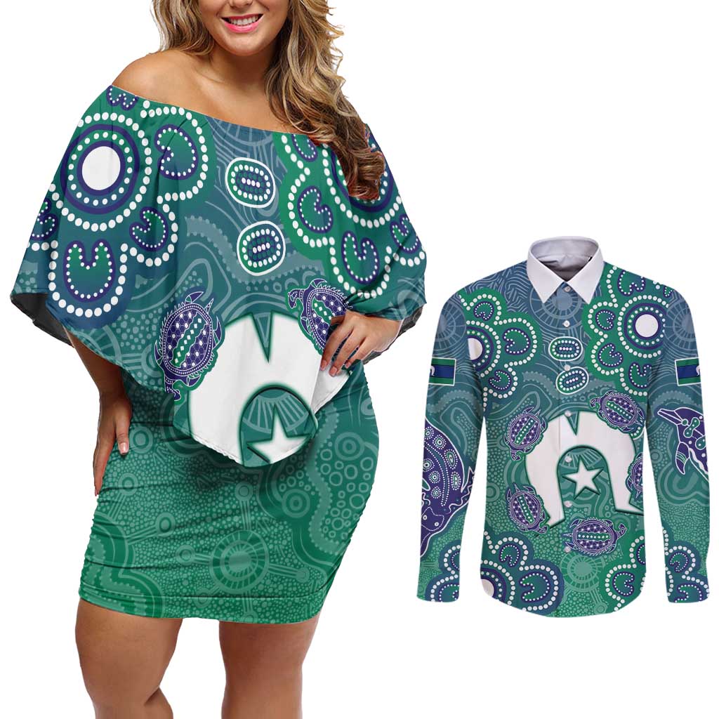 Sea Turtle Torres Strait Islands Couples Matching Off Shoulder Short Dress and Long Sleeve Button Shirt Pacific Indigenous Australian Oceanic Dot Art