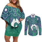 Sea Turtle Torres Strait Islands Couples Matching Off Shoulder Short Dress and Long Sleeve Button Shirt Pacific Indigenous Australian Oceanic Dot Art