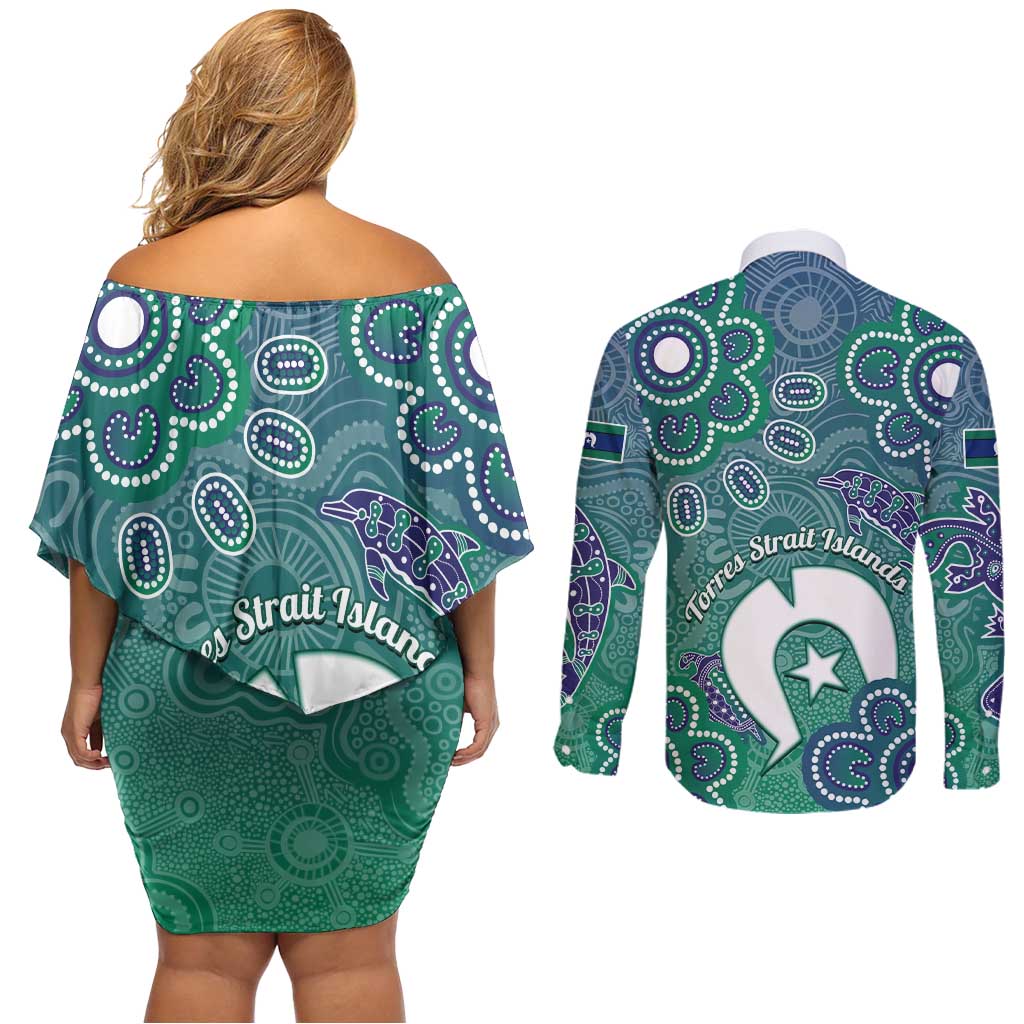 Sea Turtle Torres Strait Islands Couples Matching Off Shoulder Short Dress and Long Sleeve Button Shirt Pacific Indigenous Australian Oceanic Dot Art