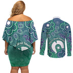 Sea Turtle Torres Strait Islands Couples Matching Off Shoulder Short Dress and Long Sleeve Button Shirt Pacific Indigenous Australian Oceanic Dot Art