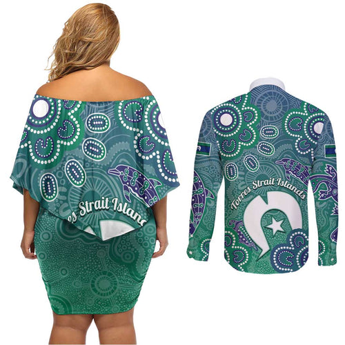 Sea Turtle Torres Strait Islands Couples Matching Off Shoulder Short Dress and Long Sleeve Button Shirt Pacific Indigenous Australian Oceanic Dot Art