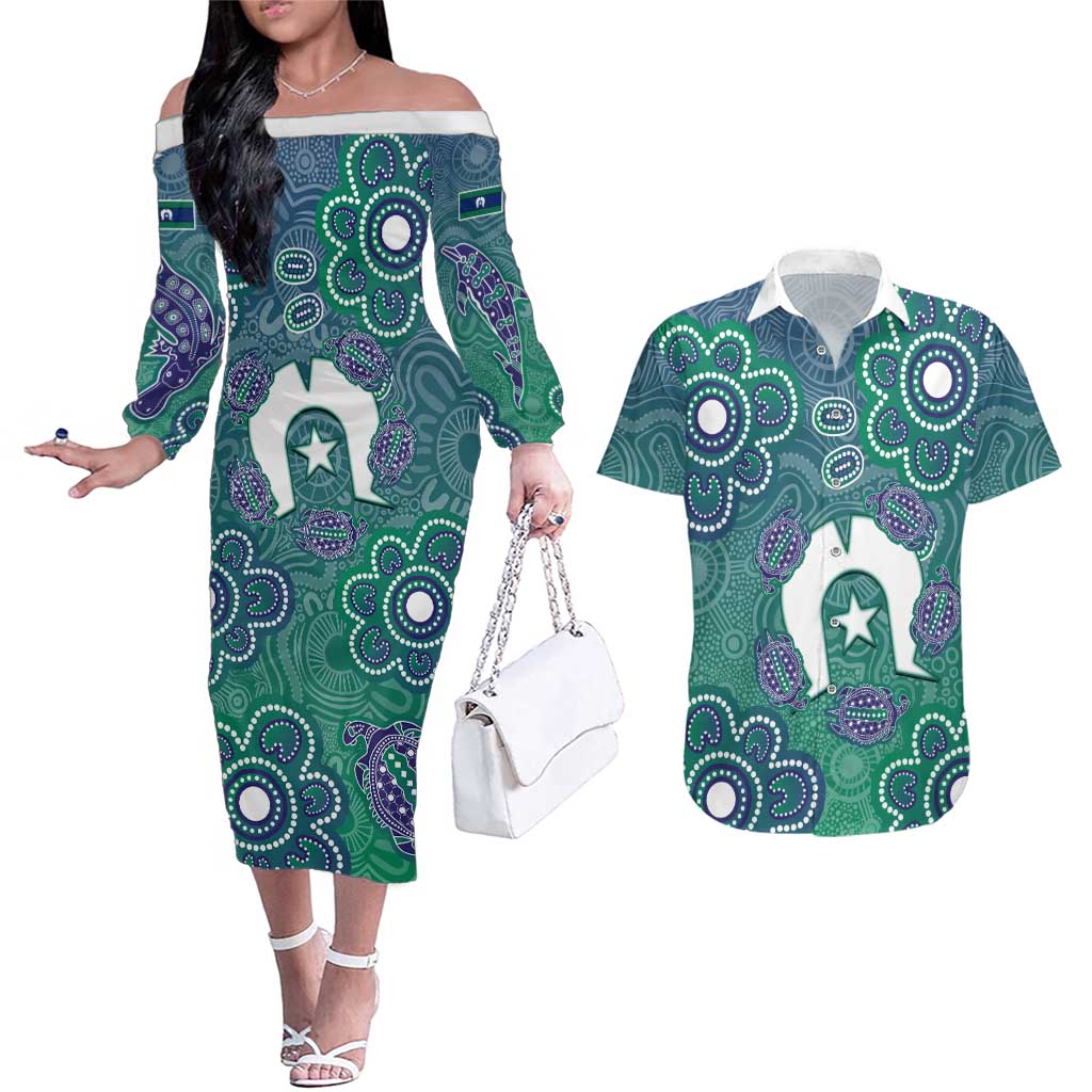 Sea Turtle Torres Strait Islands Couples Matching Off The Shoulder Long Sleeve Dress and Hawaiian Shirt Pacific Indigenous Australian Oceanic Dot Art