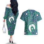 Sea Turtle Torres Strait Islands Couples Matching Off The Shoulder Long Sleeve Dress and Hawaiian Shirt Pacific Indigenous Australian Oceanic Dot Art