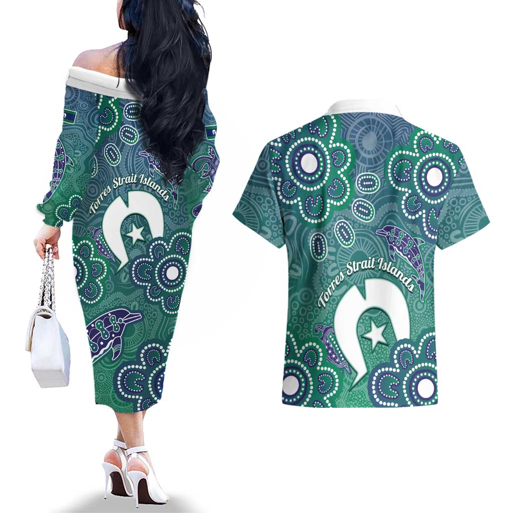 Sea Turtle Torres Strait Islands Couples Matching Off The Shoulder Long Sleeve Dress and Hawaiian Shirt Pacific Indigenous Australian Oceanic Dot Art