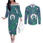 Sea Turtle Torres Strait Islands Couples Matching Off The Shoulder Long Sleeve Dress and Long Sleeve Button Shirt Pacific Indigenous Australian Oceanic Dot Art