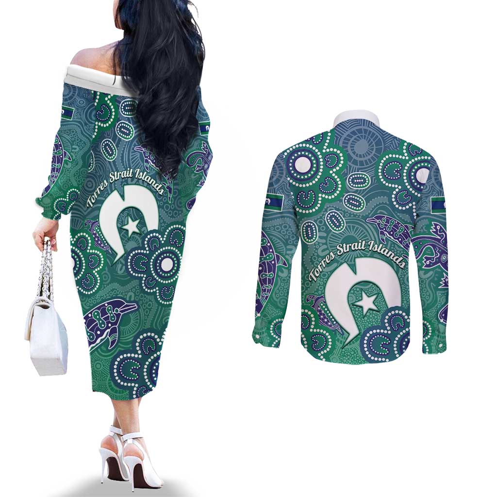 Sea Turtle Torres Strait Islands Couples Matching Off The Shoulder Long Sleeve Dress and Long Sleeve Button Shirt Pacific Indigenous Australian Oceanic Dot Art