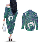 Sea Turtle Torres Strait Islands Couples Matching Off The Shoulder Long Sleeve Dress and Long Sleeve Button Shirt Pacific Indigenous Australian Oceanic Dot Art