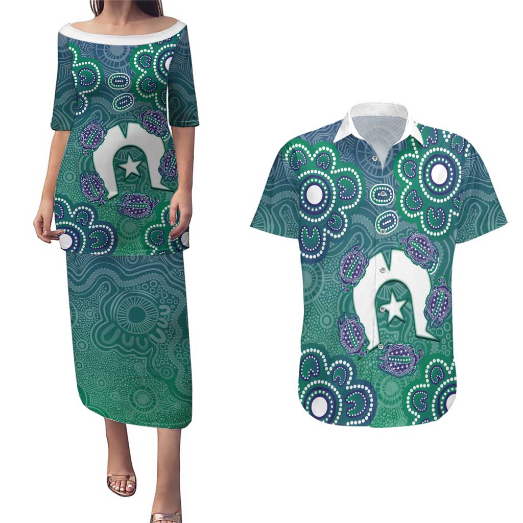 Sea Turtle Torres Strait Islands Couples Matching Puletasi and Hawaiian Shirt Pacific Indigenous Australian Oceanic Dot Art