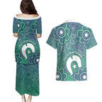 Sea Turtle Torres Strait Islands Couples Matching Puletasi and Hawaiian Shirt Pacific Indigenous Australian Oceanic Dot Art