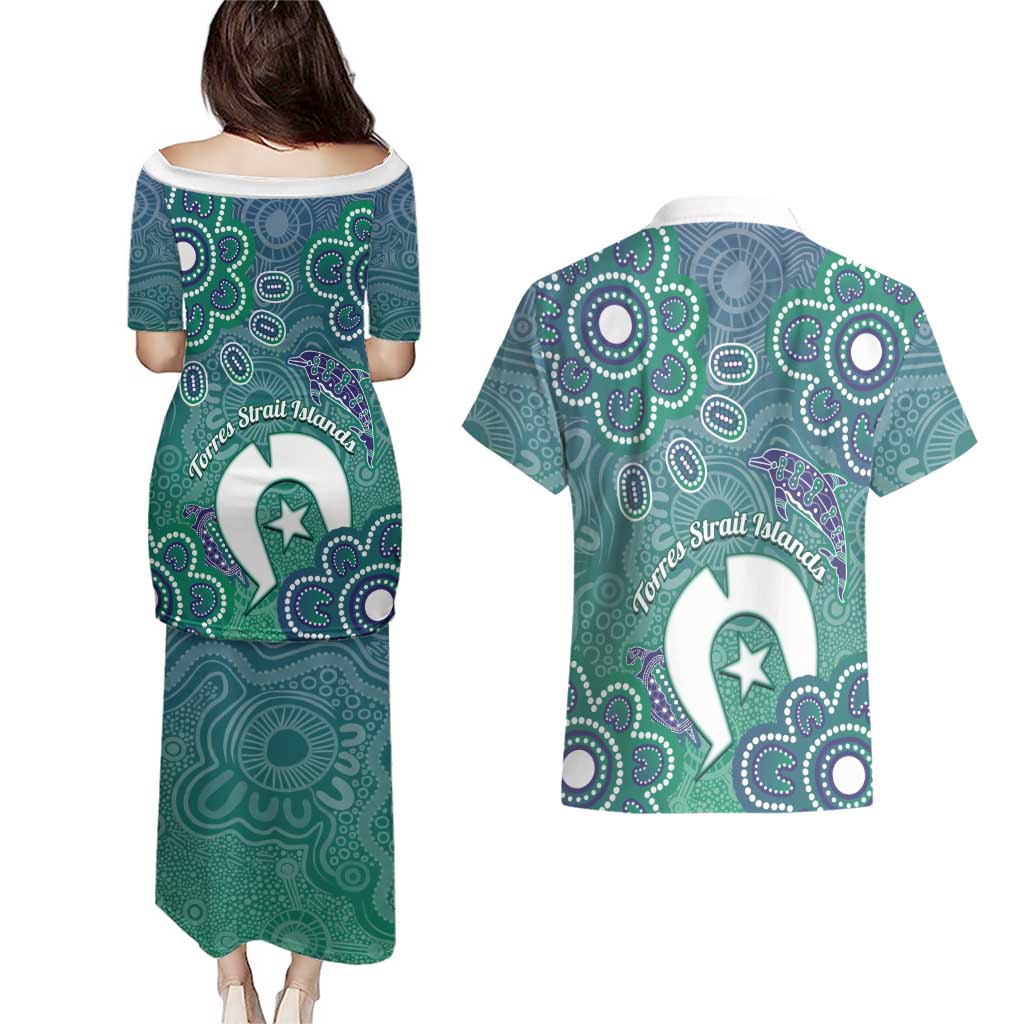 Sea Turtle Torres Strait Islands Couples Matching Puletasi and Hawaiian Shirt Pacific Indigenous Australian Oceanic Dot Art