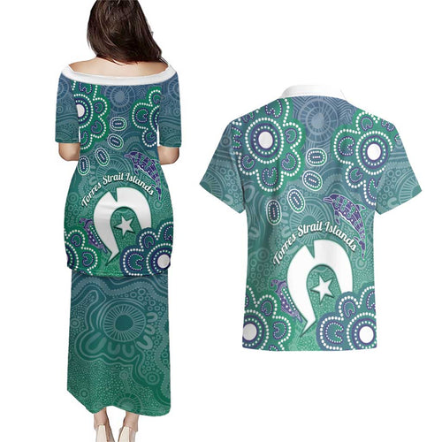 Sea Turtle Torres Strait Islands Couples Matching Puletasi and Hawaiian Shirt Pacific Indigenous Australian Oceanic Dot Art