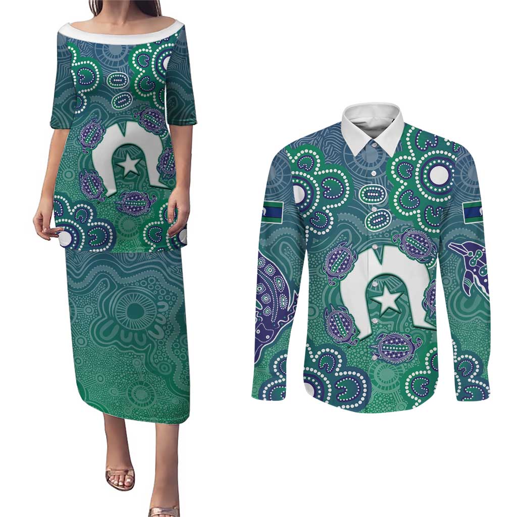 Sea Turtle Torres Strait Islands Couples Matching Puletasi and Long Sleeve Button Shirt Pacific Indigenous Australian Oceanic Dot Art