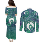 Sea Turtle Torres Strait Islands Couples Matching Puletasi and Long Sleeve Button Shirt Pacific Indigenous Australian Oceanic Dot Art