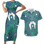 Sea Turtle Torres Strait Islands Couples Matching Short Sleeve Bodycon Dress and Hawaiian Shirt Pacific Indigenous Australian Oceanic Dot Art