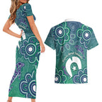 Sea Turtle Torres Strait Islands Couples Matching Short Sleeve Bodycon Dress and Hawaiian Shirt Pacific Indigenous Australian Oceanic Dot Art