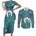 Sea Turtle Torres Strait Islands Couples Matching Short Sleeve Bodycon Dress and Long Sleeve Button Shirt Pacific Indigenous Australian Oceanic Dot Art