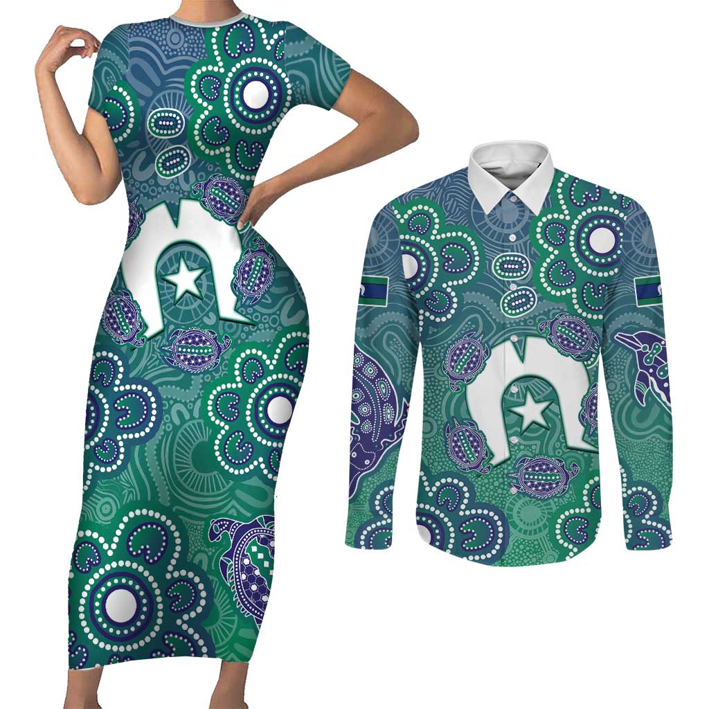 Sea Turtle Torres Strait Islands Couples Matching Short Sleeve Bodycon Dress and Long Sleeve Button Shirt Pacific Indigenous Australian Oceanic Dot Art