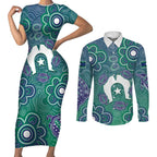 Sea Turtle Torres Strait Islands Couples Matching Short Sleeve Bodycon Dress and Long Sleeve Button Shirt Pacific Indigenous Australian Oceanic Dot Art