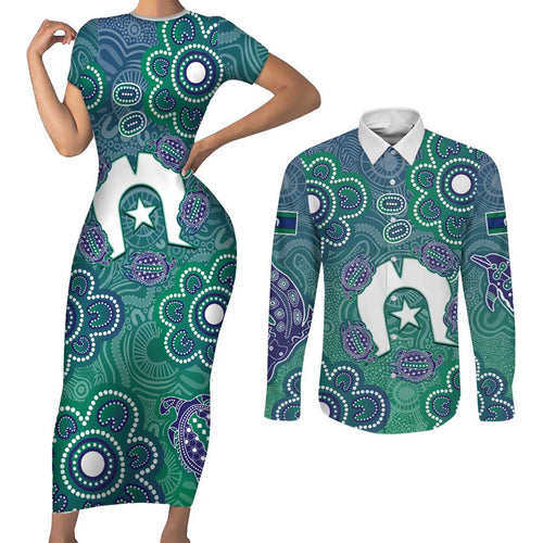 Sea Turtle Torres Strait Islands Couples Matching Short Sleeve Bodycon Dress and Long Sleeve Button Shirt Pacific Indigenous Australian Oceanic Dot Art