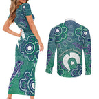 Sea Turtle Torres Strait Islands Couples Matching Short Sleeve Bodycon Dress and Long Sleeve Button Shirt Pacific Indigenous Australian Oceanic Dot Art