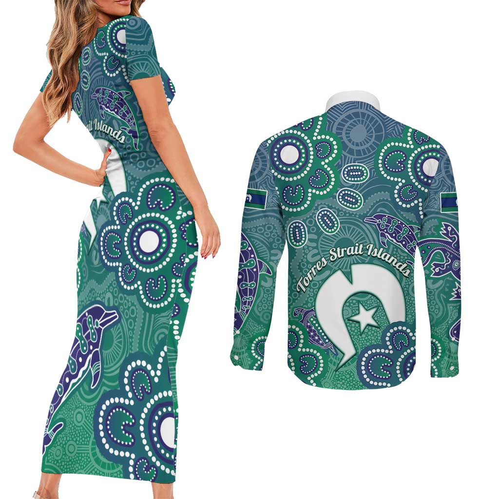Sea Turtle Torres Strait Islands Couples Matching Short Sleeve Bodycon Dress and Long Sleeve Button Shirt Pacific Indigenous Australian Oceanic Dot Art