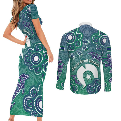 Sea Turtle Torres Strait Islands Couples Matching Short Sleeve Bodycon Dress and Long Sleeve Button Shirt Pacific Indigenous Australian Oceanic Dot Art