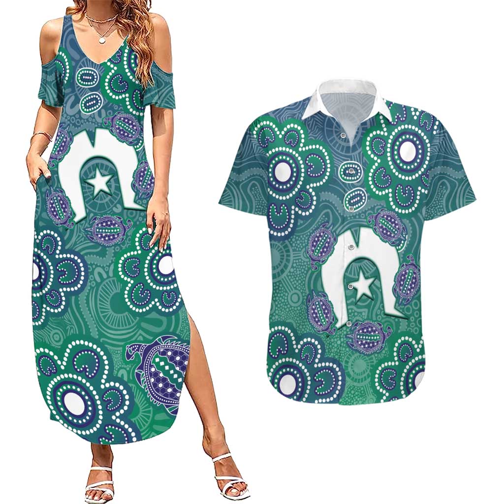 Sea Turtle Torres Strait Islands Couples Matching Summer Maxi Dress and Hawaiian Shirt Pacific Indigenous Australian Oceanic Dot Art