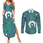 Sea Turtle Torres Strait Islands Couples Matching Summer Maxi Dress and Long Sleeve Button Shirt Pacific Indigenous Australian Oceanic Dot Art