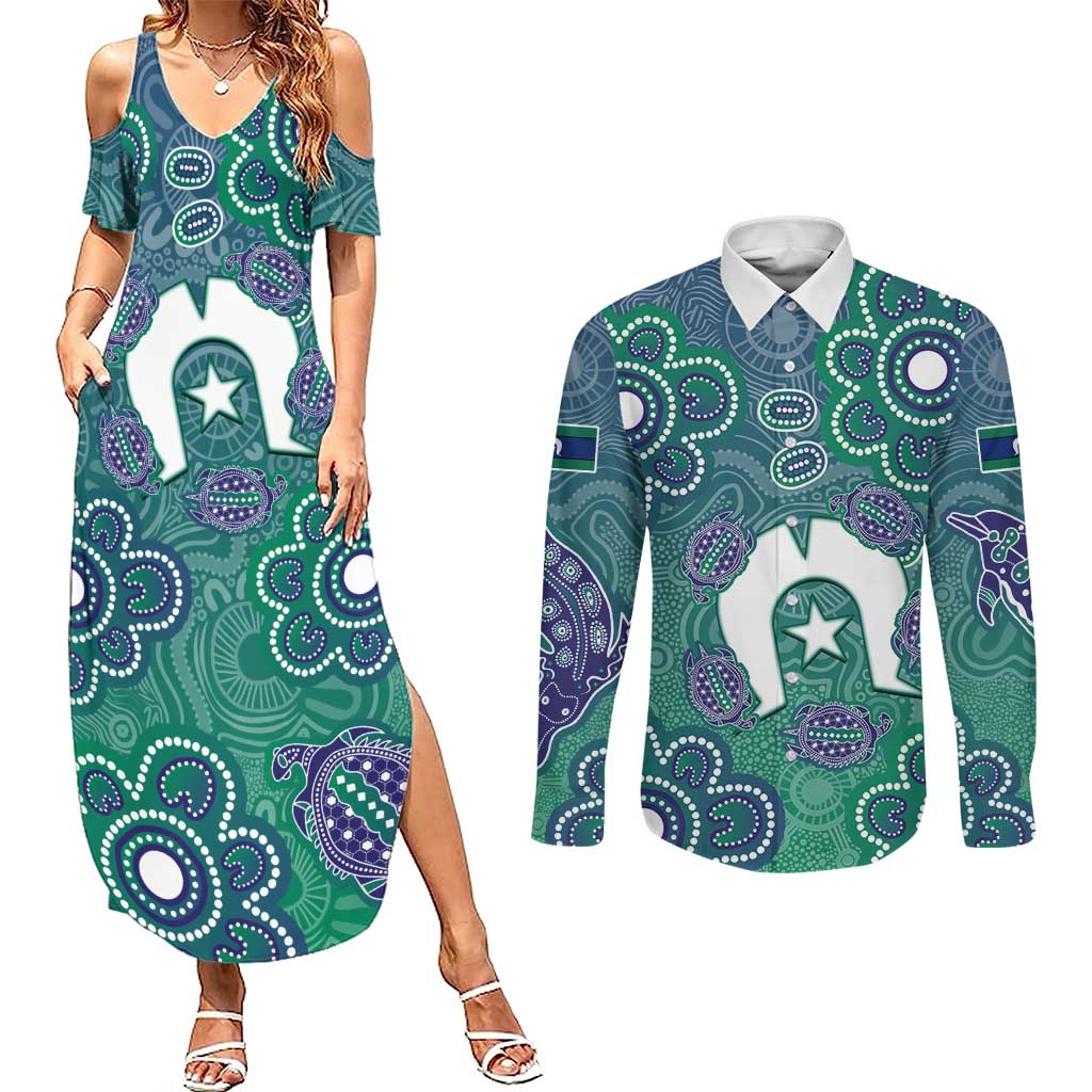Sea Turtle Torres Strait Islands Couples Matching Summer Maxi Dress and Long Sleeve Button Shirt Pacific Indigenous Australian Oceanic Dot Art