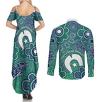 Sea Turtle Torres Strait Islands Couples Matching Summer Maxi Dress and Long Sleeve Button Shirt Pacific Indigenous Australian Oceanic Dot Art