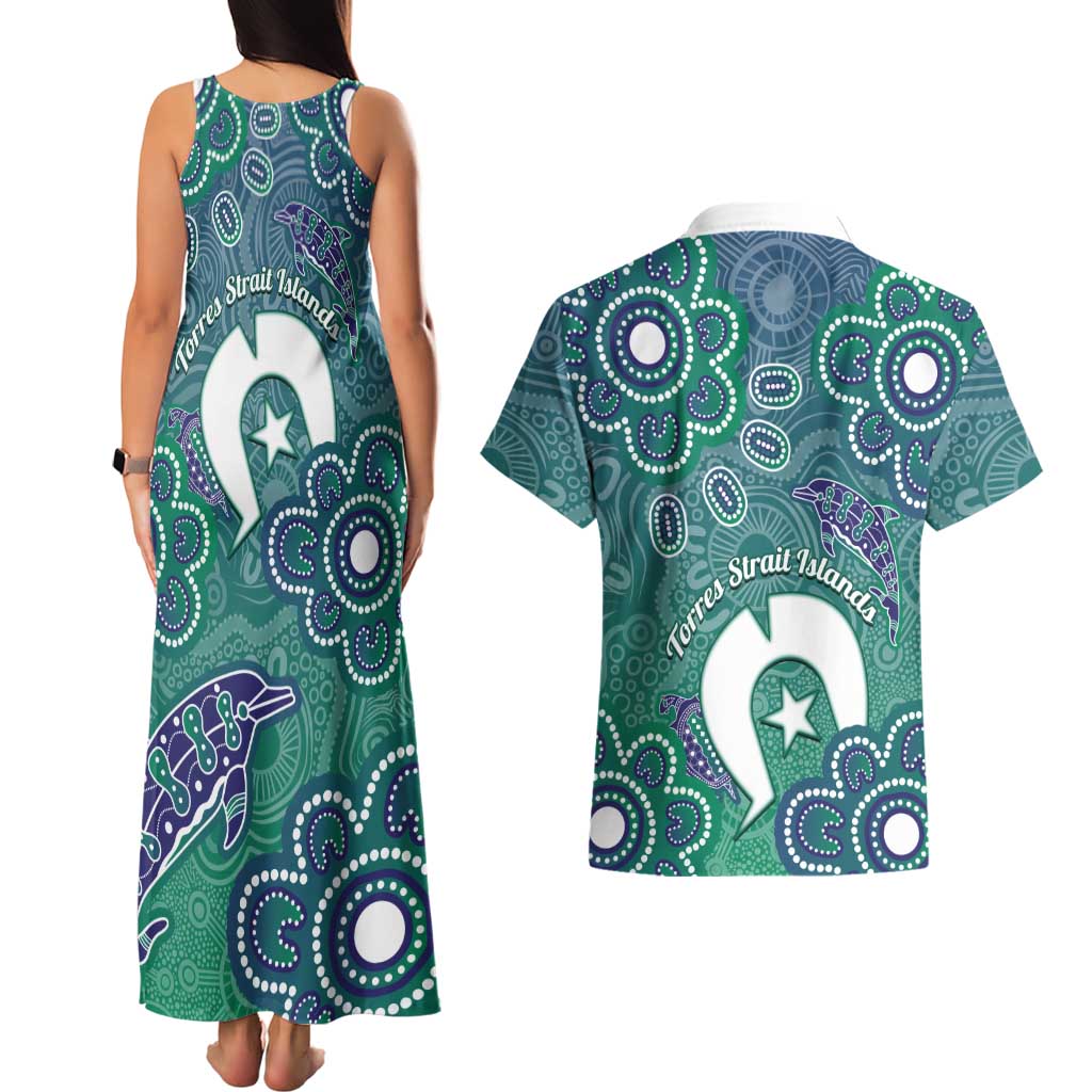 Sea Turtle Torres Strait Islands Couples Matching Tank Maxi Dress and Hawaiian Shirt Pacific Indigenous Australian Oceanic Dot Art